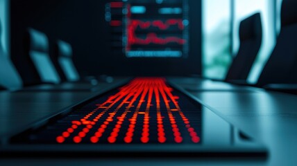 Poster - A dimly lit office space features a sleek table with a glowing red keyboard, reflecting a modern, tech-savvy environment focused on data analysis.