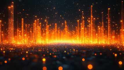 Poster - A bright orange sky with a lot of stars and a few buildings. The sky is filled with bright orange lights that look like they are floating in the air. Scene is warm and inviting
