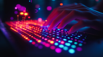 Fototapete - A person is typing on a keyboard with colorful keys