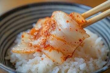 Canvas Print - Top warm white rice with sliced kimchi and eat with chopsticks