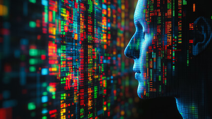 Fototapete - A computer screen shows a face made of colorful lines and squares