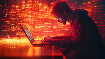 Poster - A man is typing on a laptop in front of a glowing background