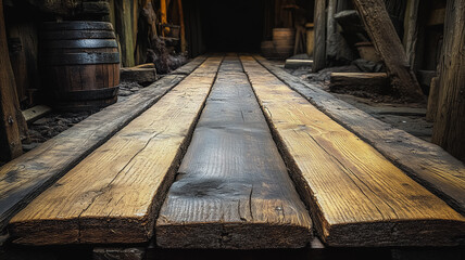 Poster - A wooden floor with a dark hallway in the background