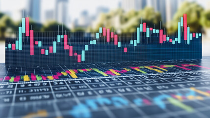Poster - A graph of stock prices is shown with a city in the background