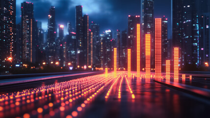 Poster - A cityscape with tall buildings and a glowing red line