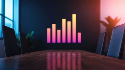 Poster - A colorful bar graph illustration on a sleek table, symbolizing hologram data analysis and business growth in a modern office environment.