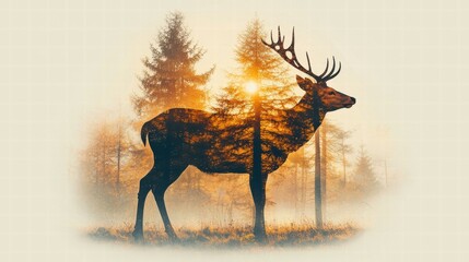 Poster - Enchanting double exposure of deer in a serene forest landscape