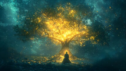 Aufkleber - A glowing tree in the middle of a dark forest, its branches casting light on a figure kneeling at its roots