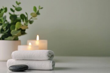 Poster - Eucalyptus, candles, hot stones and towels creating relaxing spa ambiance