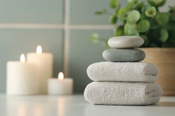 Poster - Stacked spa stones balancing on fluffy towels, creating a serene ambiance with burning candles