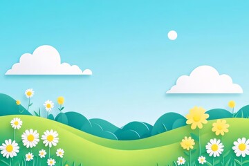 Idyllic spring landscape with daisies and rolling hills under a bright blue sky.