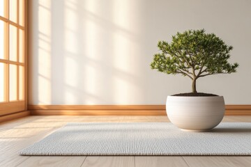 Poster - Serene room with bonsai tree and soft lighting promoting inner peace