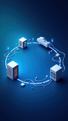 Wall Mural - A digital illustration of a circular CI/CD pipeline with interconnected servers, clouds, and data streams, symbolizing continuous integration and delivery within DevOps.