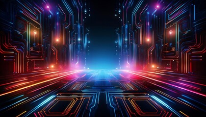Poster - Futuristic digital landscape with vibrant lights.