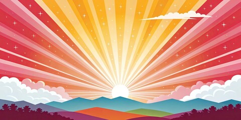 Poster - A colorful sunrise over a mountain range with a large sun in the sky