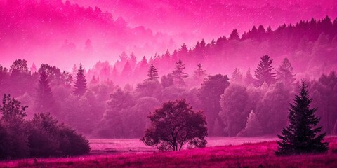 Poster - A pink forest with trees and a pink sky
