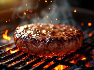 Grilled burger sizzling on barbecue - perfect for summer cookouts and bbq designs