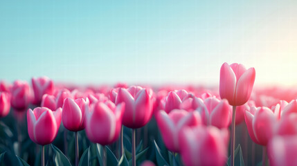 Wall Mural - Vibrant field of blooming pink tulips at sunrise