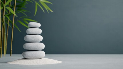 Poster - Stacked zen stones providing harmony and balance with bamboo plant