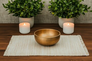 Poster - Golden tibetan singing bowl on table with lit candles and plants creating relaxing atmosphere