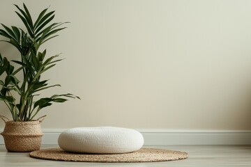 Poster - Minimalist interior design with meditation cushion and plant