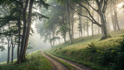 Wall Mural - sunlight filtering through a misty forest at dawn casts a warm glow on a winding dirt road, leading 