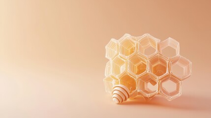 Poster - Artistic Arrangement of Honeycomb Shapes with a Swirled Seashell on a Soft Peach Background