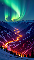 Wall Mural - Aurora Valley Glow - A valley illuminated with aurora patterns. background copyspace