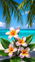 Wall Mural - Tropical Plumeria - Fragrant plumeria flowers blooming on a tropical island. background copyspace