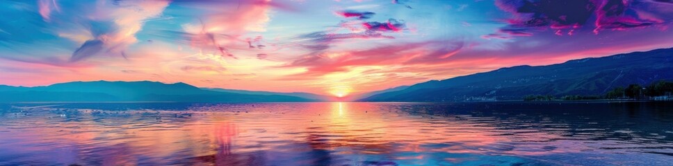 Poster - sunset, lake, mountains, sky, water, reflection, colorful, dramatic, serene, nature, landscape, tranquility, evening, twilight, scenery, beauty, peaceful, picturesque, outdoors The image features a