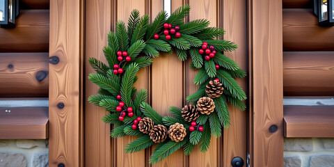 Wall Mural - Natural Wreath Hanging on a Cabin Door - Featuring pinecones and berries. backdrop background digital art crisp oilpinting minimalist sharp details funny background copyspace