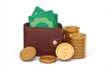 Aufkleber - Brown leather wallet with cash and gold coins  symbolizing wealth and finance.