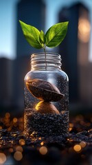 Wall Mural - A sprouting plant in a glass jar symbolizes growth and environmental awareness.