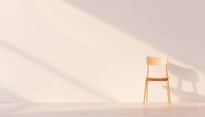 Poster - Minimalist wooden chair against a soft beige wall with natural light and shadow creating a serene and tranquil atmosphere