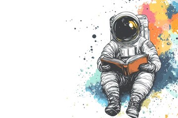 Wall Mural - stylish ink illustration of astronaut in spacesuit reading book surrounded by colorful splashes and 