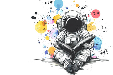 Wall Mural - stylish postcard of astronaut in spacesuit reading book surrounded by colorful ink splashes and stai