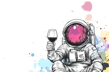 Wall Mural - stylish ink illustration of astronaut in spacesuit holding glass of wine on white background with colorful splashes and copy space