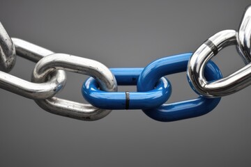 Poster - Interlinked metal chain with a blue link highlighting connection and teamwork.
