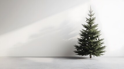 Poster - A front view of a sleek Christmas tree with monochrome ornaments, standing in a clean, white-walled modern living room