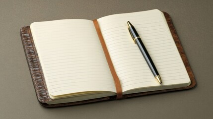 Poster - A sleek, open notebook with grid pages lies on a flat surface, accompanied by an elegant pen ready for writing.