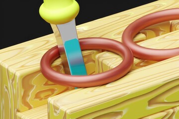 Fototapete - A tool inserts into wooden blocks with interlocking rings; abstract 3D render.