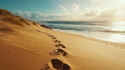 Poster - a serene beach scene with footprints in the sand leading towards the ocean under a bright sky.