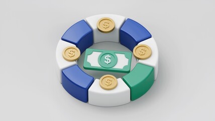 Aufkleber - 3D graphic of dollar bill and coins for financial planning.