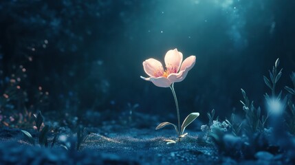 Poster - a delicate flower glows softly underwater, surrounded by ethereal blue light and lush greenery, crea