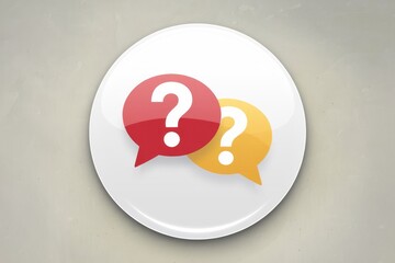 Poster - Two speech bubbles with question marks  signifying questions or inquiries.