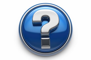 Aufkleber - A blue button with a metallic question mark  symbolizing inquiry and help.