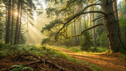 Wall Mural - golden sunbeams streaming through the trees illuminate a tranquil forest path at dawn, crafting a ma