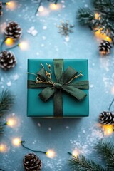 Wall Mural - vertical top view image Christmas present box with a green bow placed on a light blue background surrounded by twinkling fairy lights, fir branch and pinecones