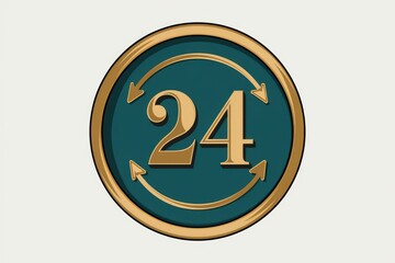 Fototapete - 24 hour service circular emblem with gold accents on teal background.