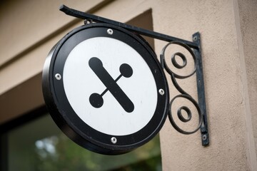 Poster - A black and white circular sign with a unique logo hangs on an ornate metal bracket.